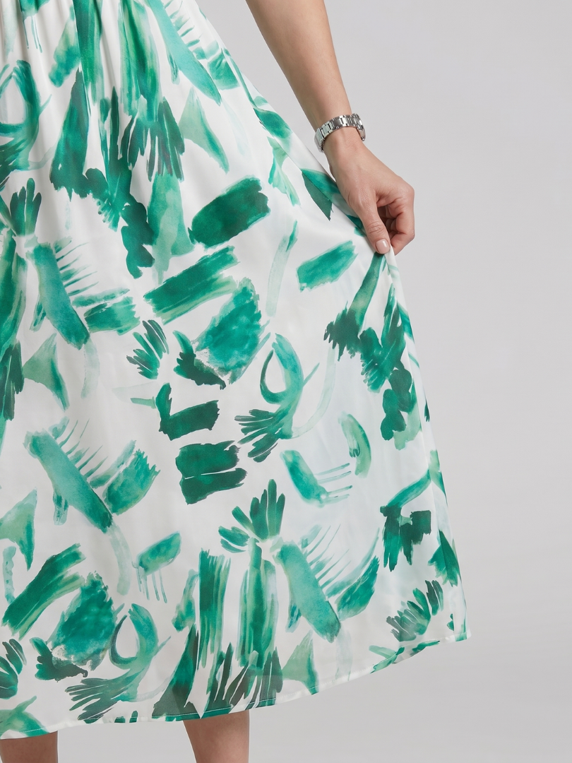 Candlia - Puff Sleeve V Neck Abstract Print Midi Dress