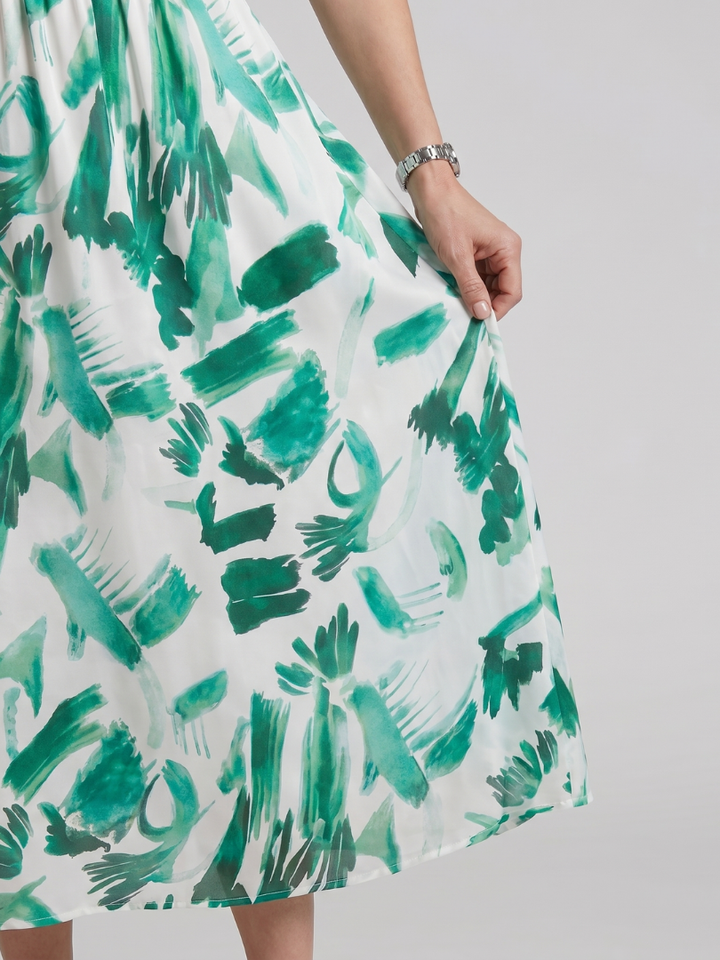 Candlia - Puff Sleeve V Neck Abstract Print Midi Dress