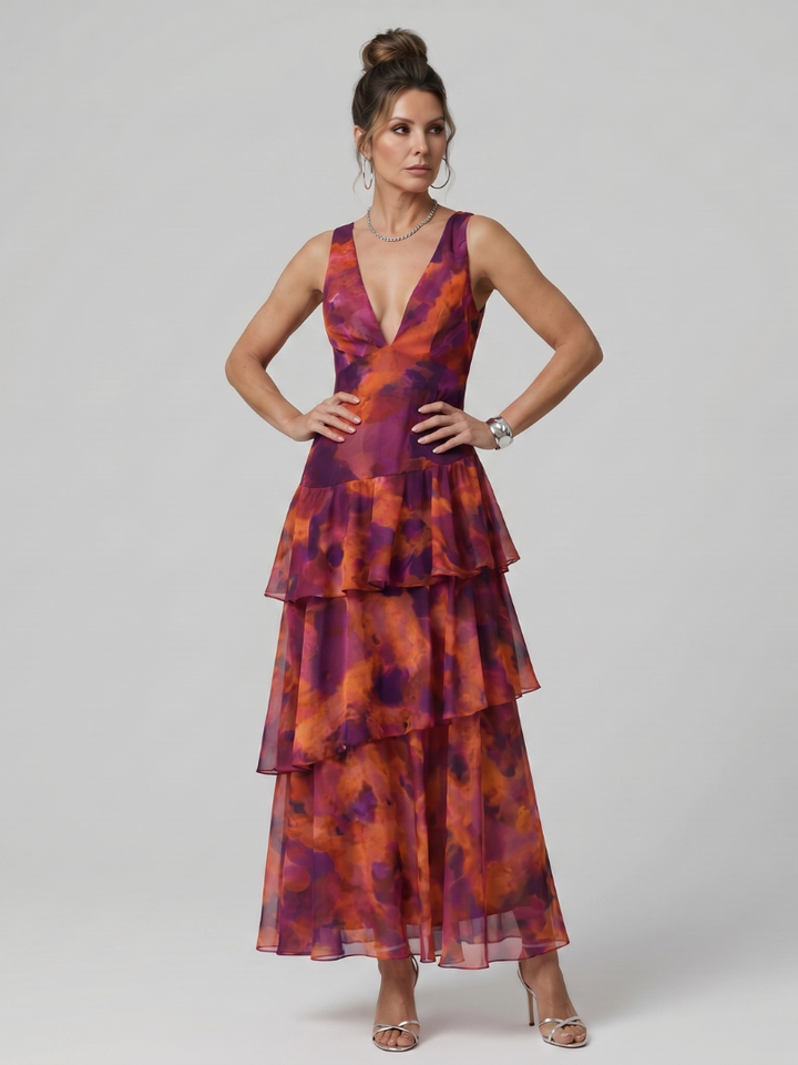Gala - Deep V Sleeveless Painterly Pattern Midi Dress