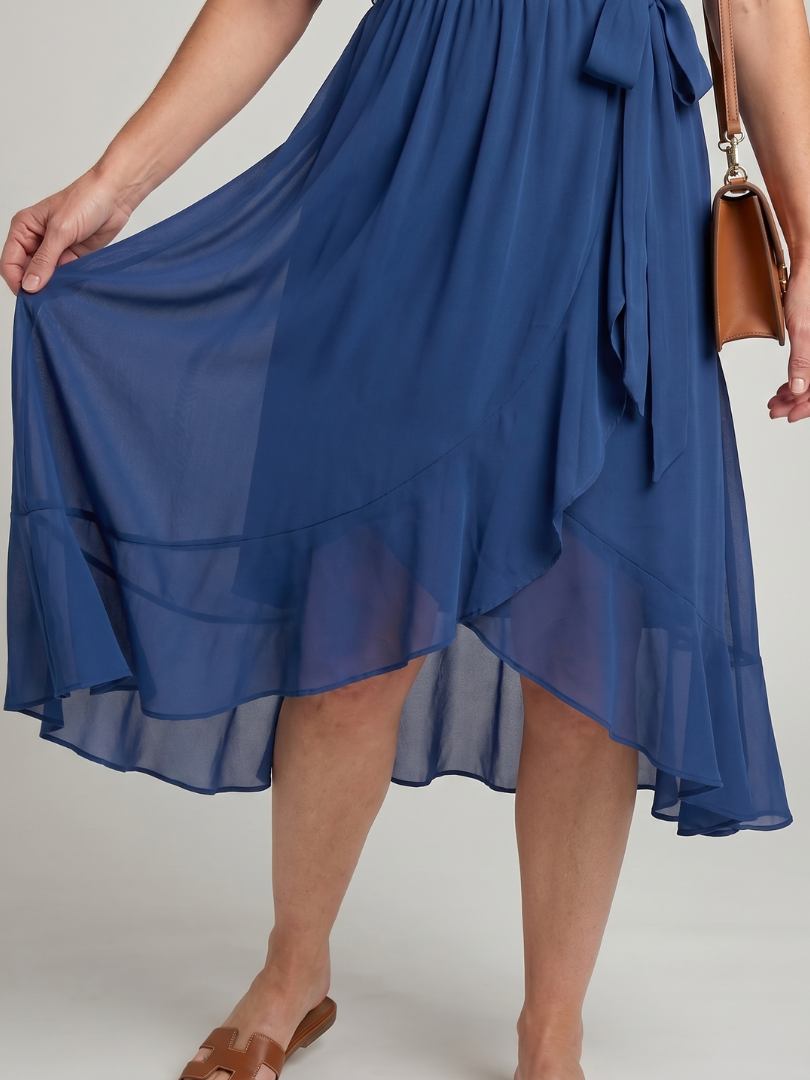 Keziah - Short Sleeve Wrap Soft Flowing Hem Midi Dress