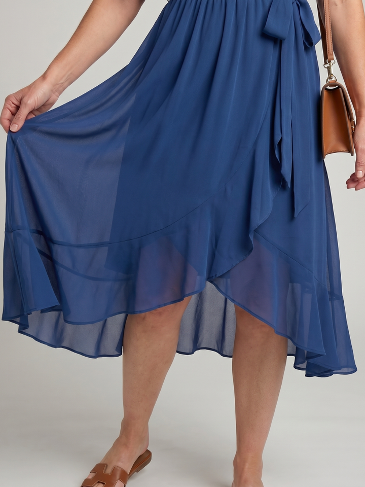 Keziah - Short Sleeve Wrap Soft Flowing Hem Midi Dress