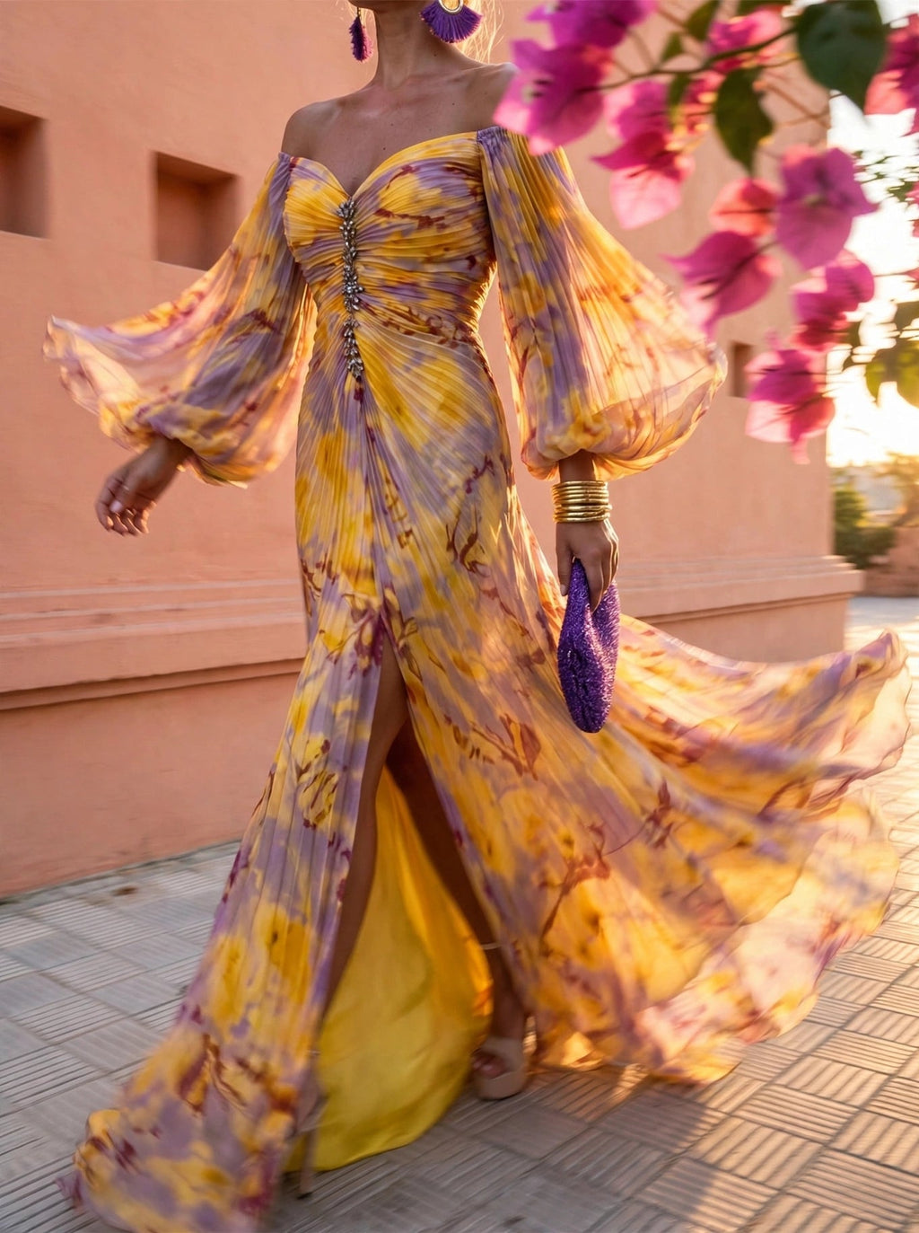 Gregoria - Long Floral Dress with Deep Neckline