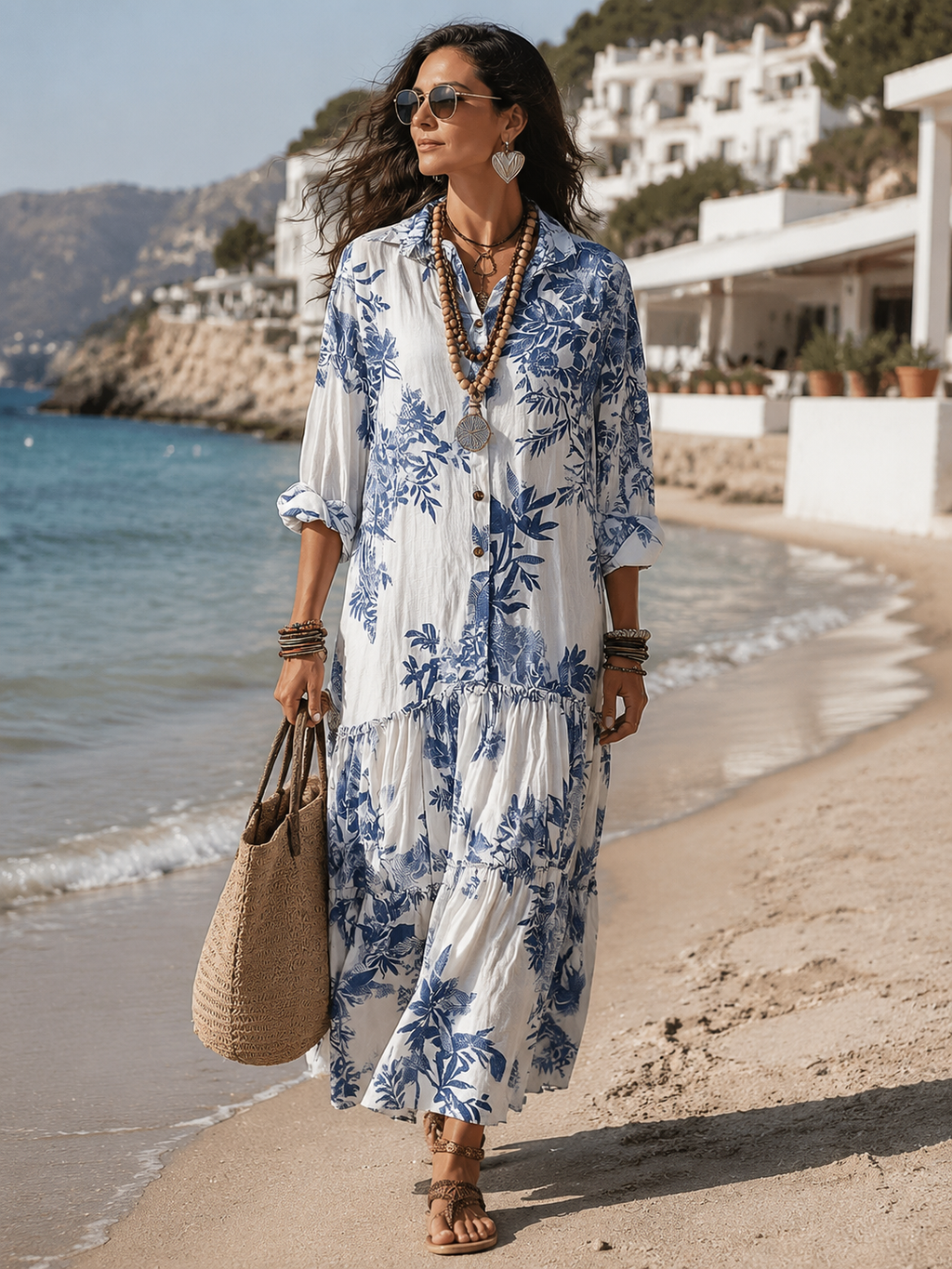 Dahlia - Bohemian Blue Floral Button-Down Tiered Maxi Dress