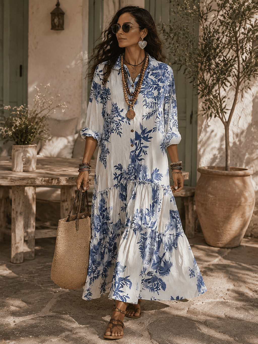 Dahlia - Bohemian Blue Floral Button-Down Tiered Maxi Dress