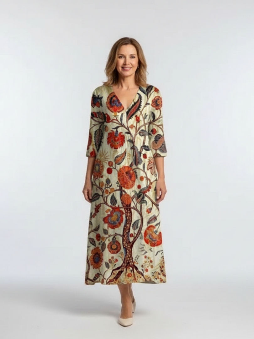 Corisande - V Neck Long Sleeve Floral Midi Dress