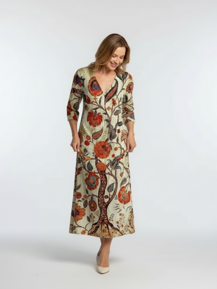 Corisande - V Neck Long Sleeve Floral Midi Dress