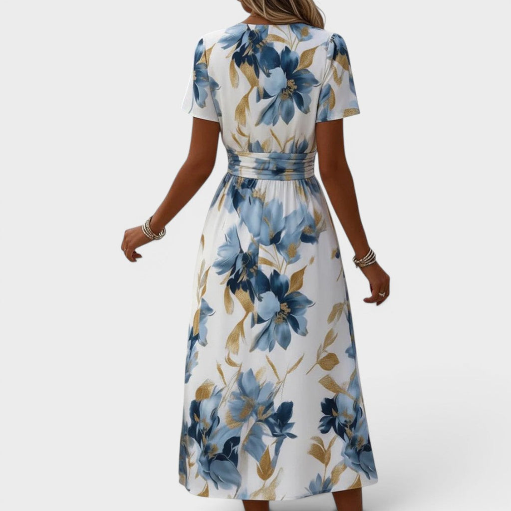 Elara - Floral Wrap Waist Midi Dress