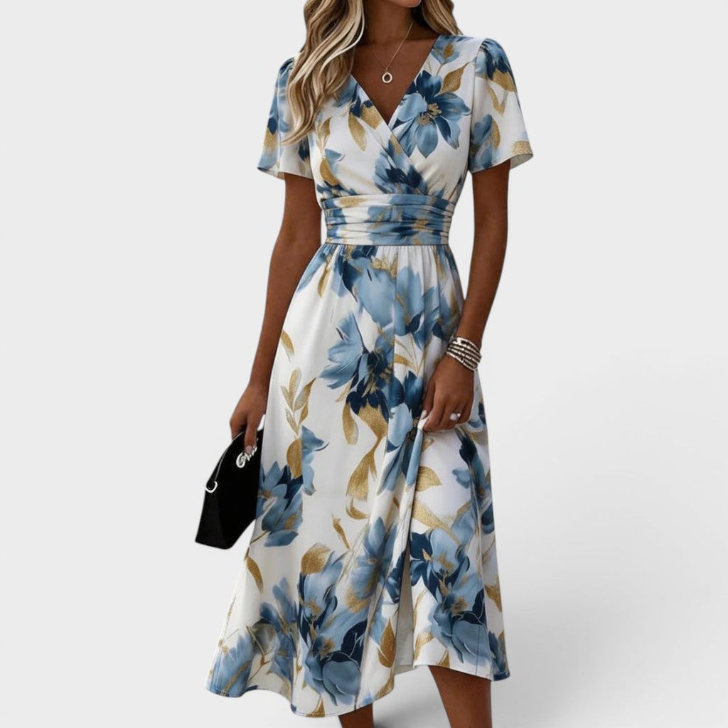 Elara - Floral Wrap Waist Midi Dress