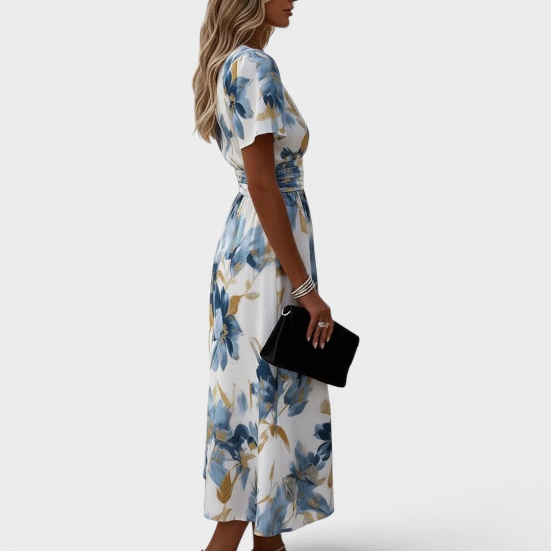 Elara - Floral Wrap Waist Midi Dress