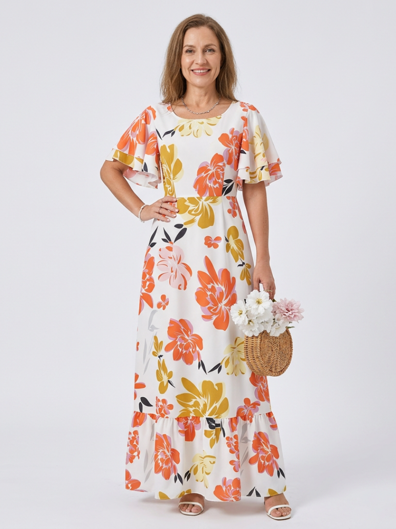 Elowen - Round Neck Short Sleeve Tiered Maxi Dress