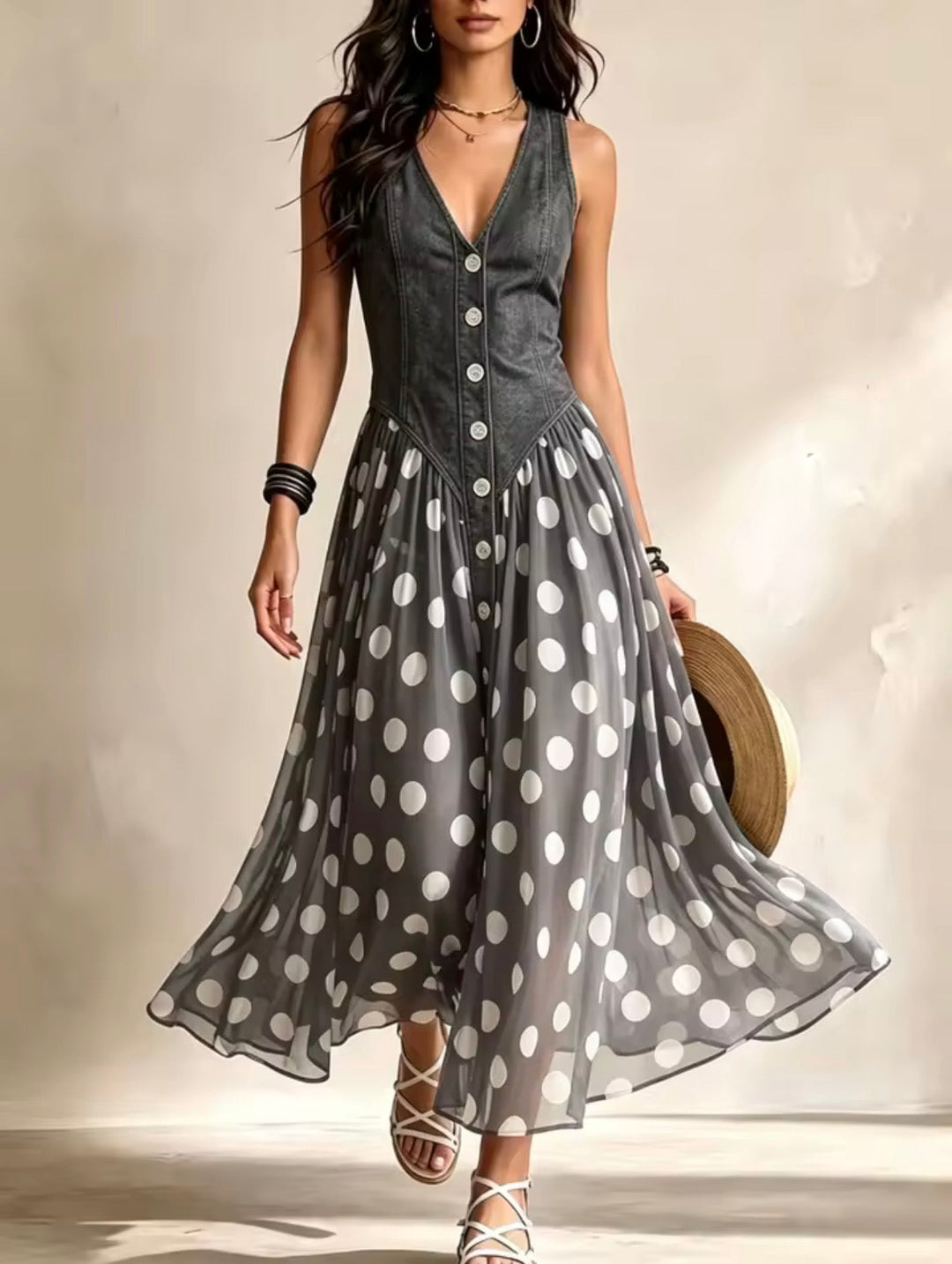 Bianca - Midi Chiffon Dress with Polka-Dot Pattern