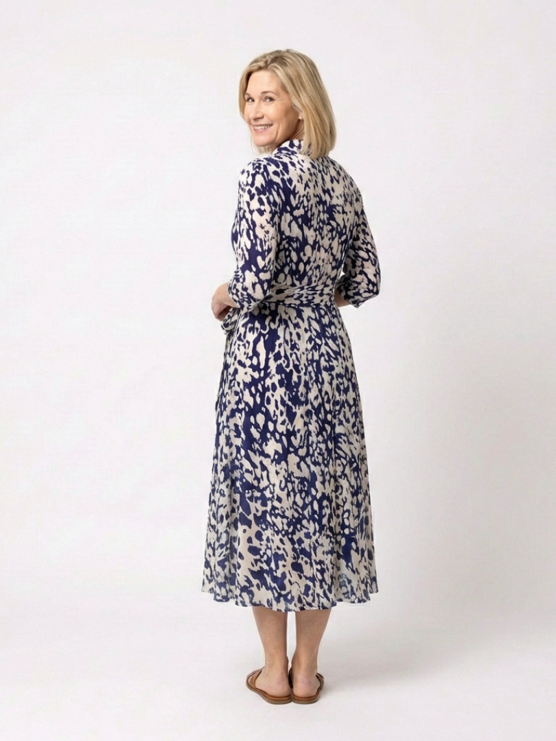 Oriana - Collared Long Sleeve Waist Tie Midi Dress