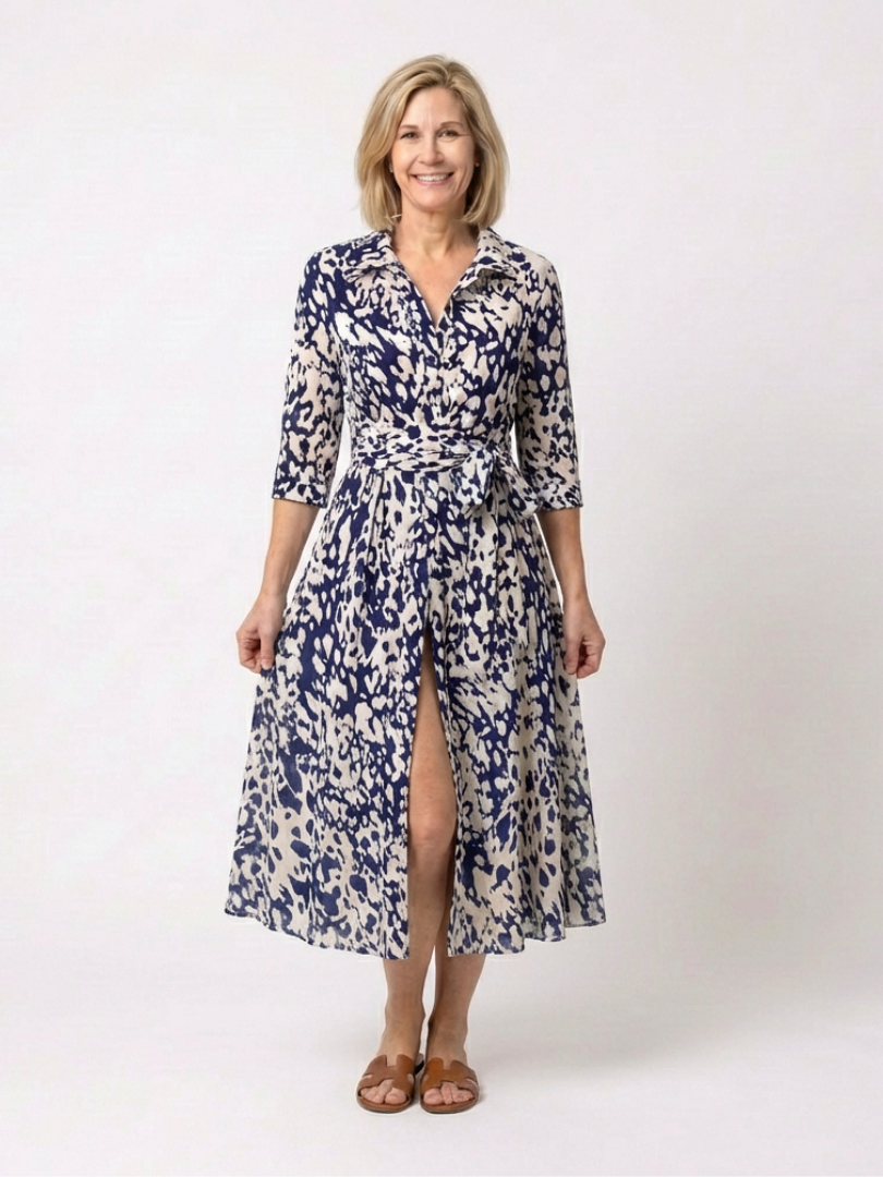 Oriana - Collared Long Sleeve Waist Tie Midi Dress