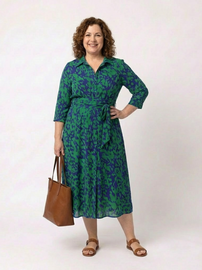 Oriana - Collared Long Sleeve Waist Tie Midi Dress