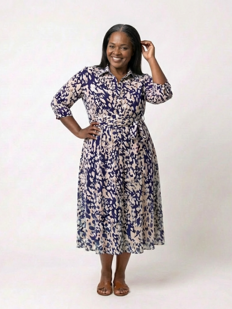Oriana - Collared Long Sleeve Waist Tie Midi Dress