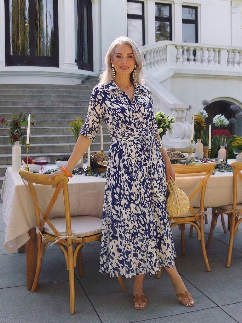 Oriana - Collared Long Sleeve Waist Tie Midi Dress