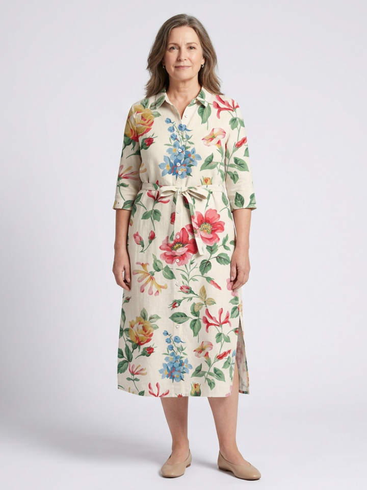 Maribel - Button Front Half Sleeve Floral Midi Dress