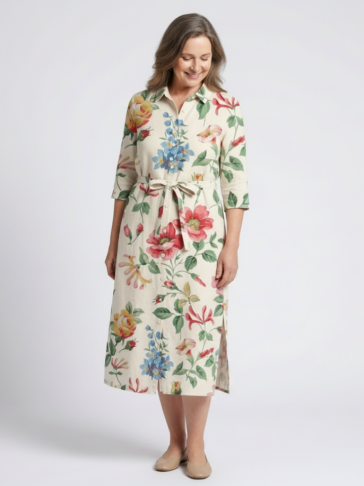 Maribel - Button Front Half Sleeve Floral Midi Dress