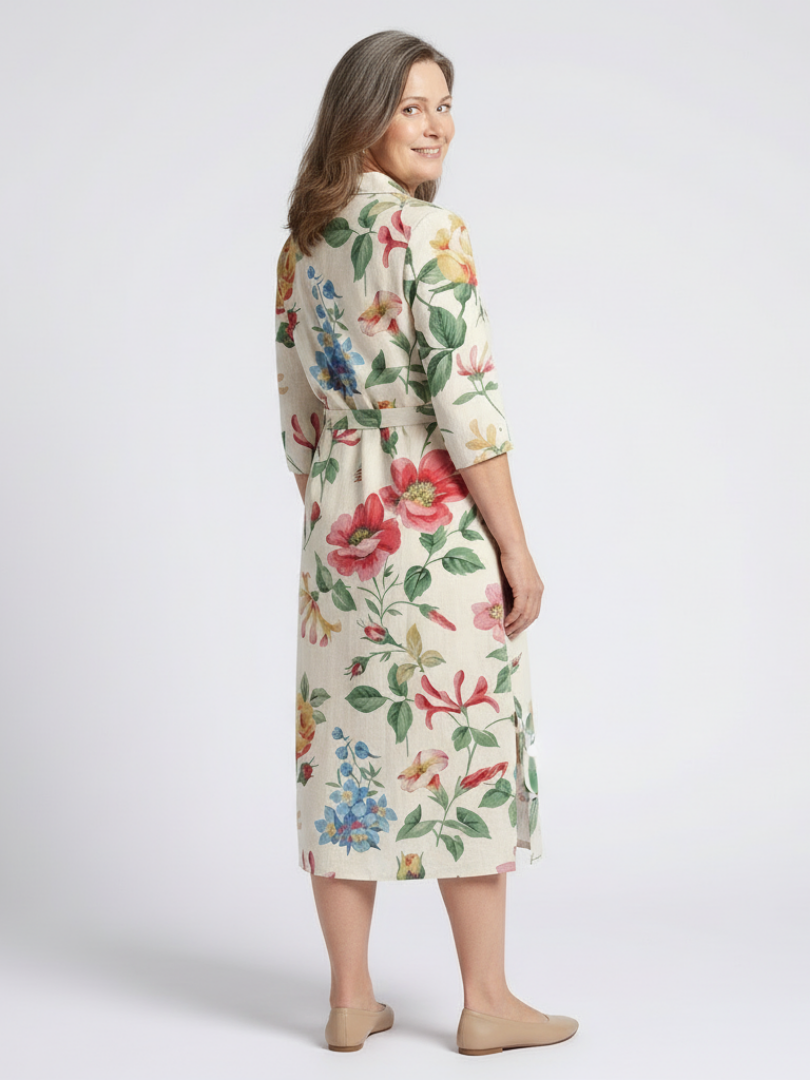 Maribel - Button Front Half Sleeve Floral Midi Dress