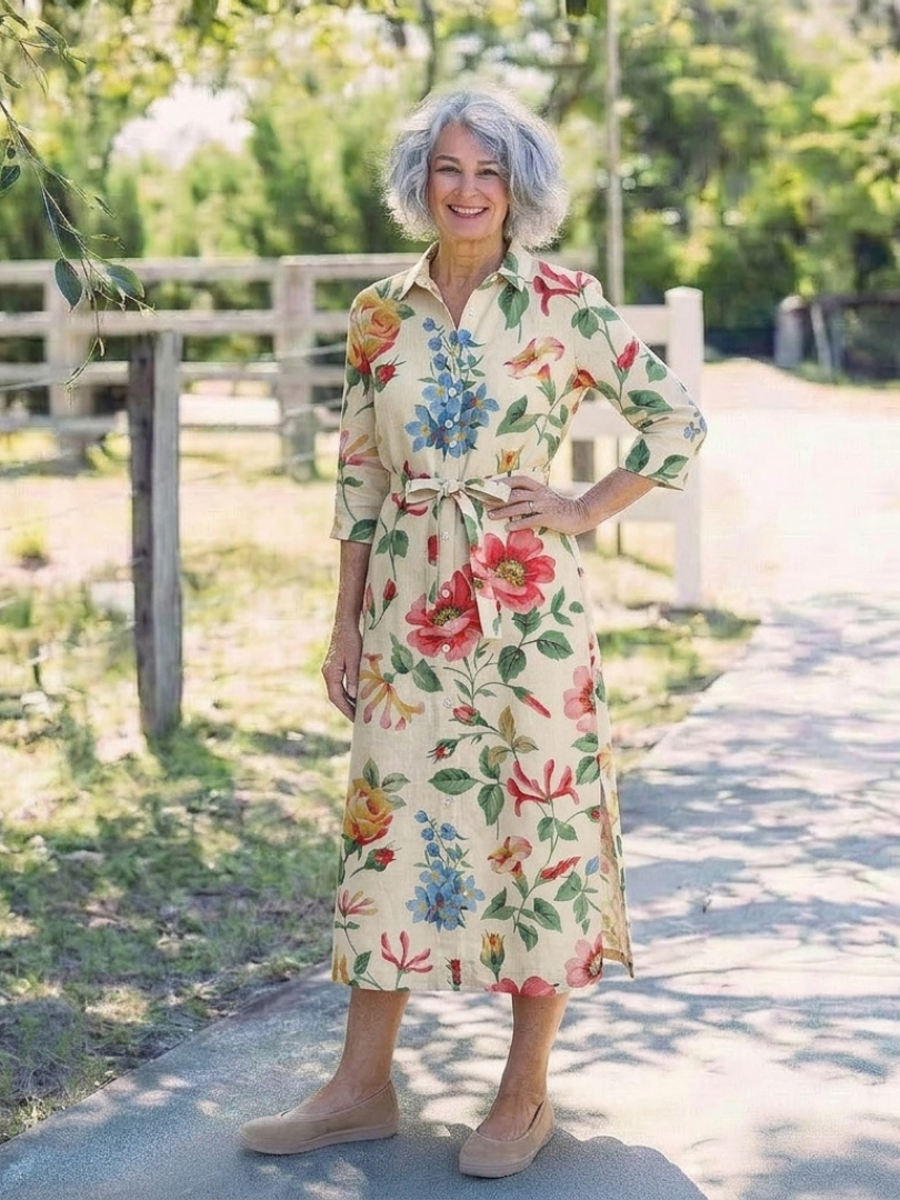 Maribel - Button Front Half Sleeve Floral Midi Dress