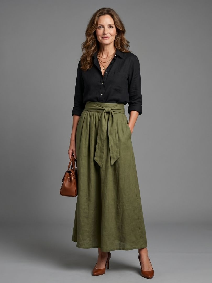 Virelia - Two Piece Set Black Blouse Olive Green Midi Skirt
