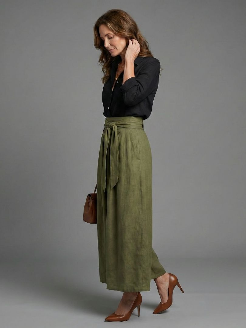 Virelia - Two Piece Set Black Blouse Olive Green Midi Skirt