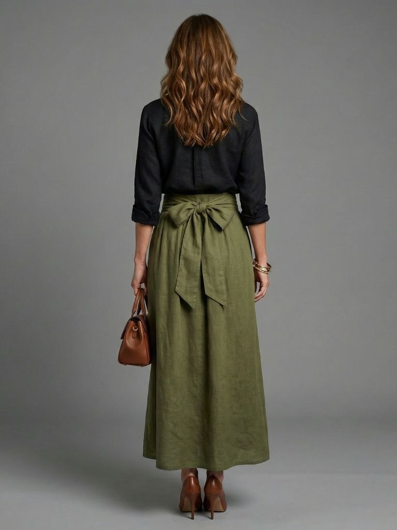 Virelia - Two Piece Set Black Blouse Olive Green Midi Skirt