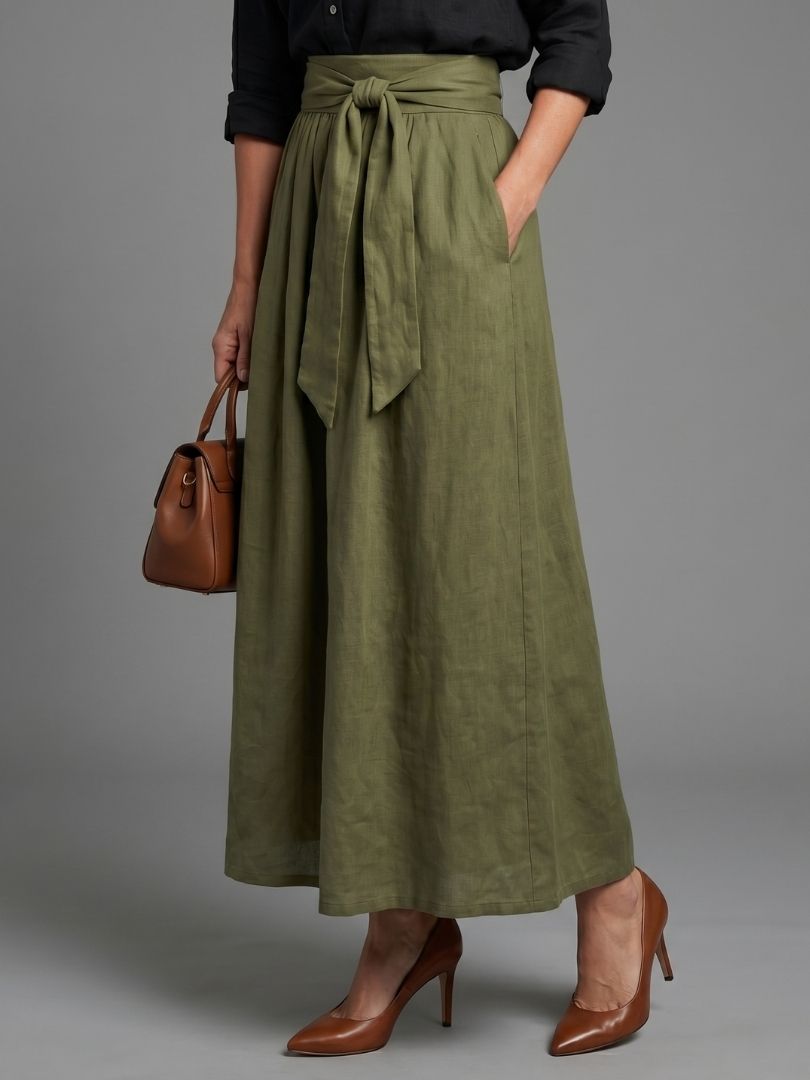 Virelia - Two Piece Set Black Blouse Olive Green Midi Skirt