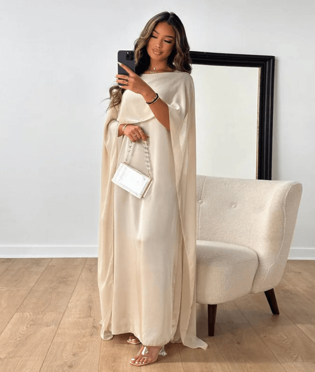 Tayma – Cape Sleeve Satin Maxi Dress
