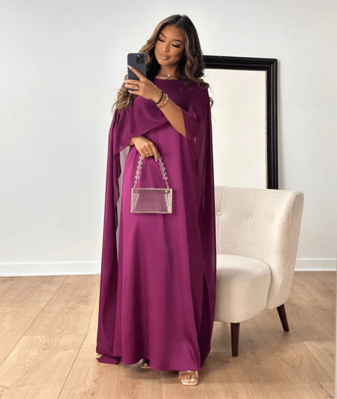 Tayma – Cape Sleeve Satin Maxi Dress