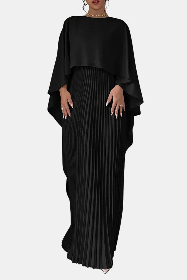 Veda – Pleated Chiffon Maxi Dress with High Neck Silhouette