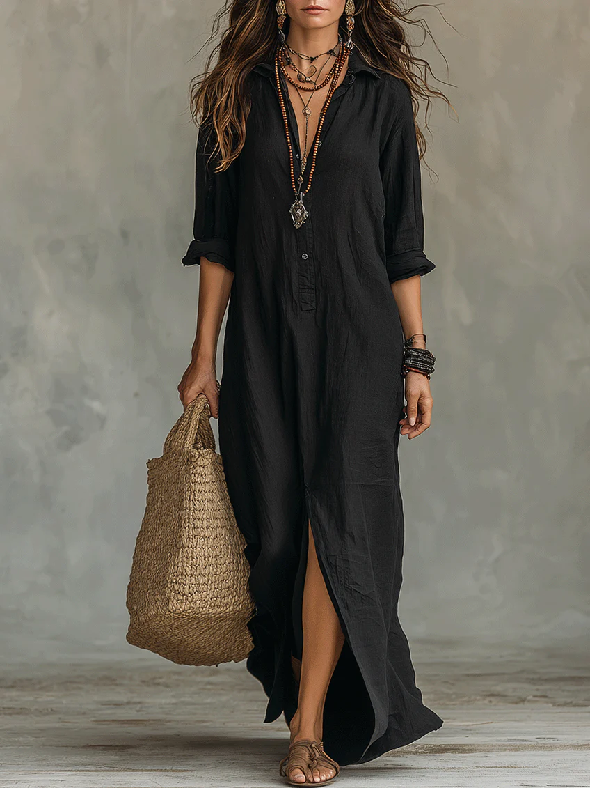 Soline - Oversized Black Maxi Dress with Buttons