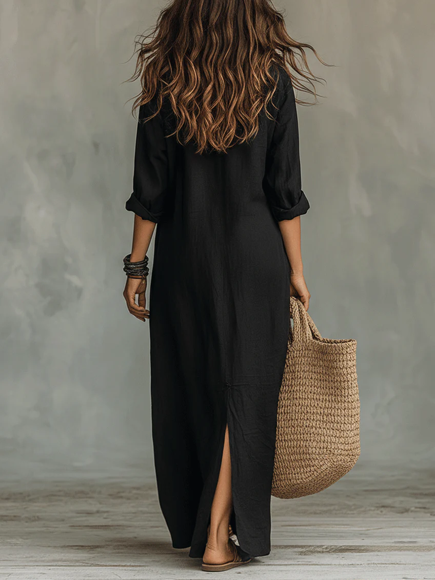 Soline - Loose Black Maxi Dress with Buttons