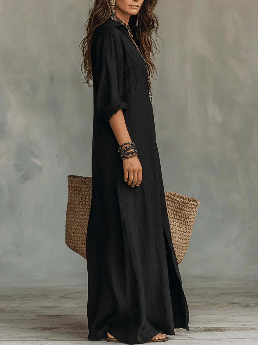 Soline - Loose Black Maxi Dress with Buttons