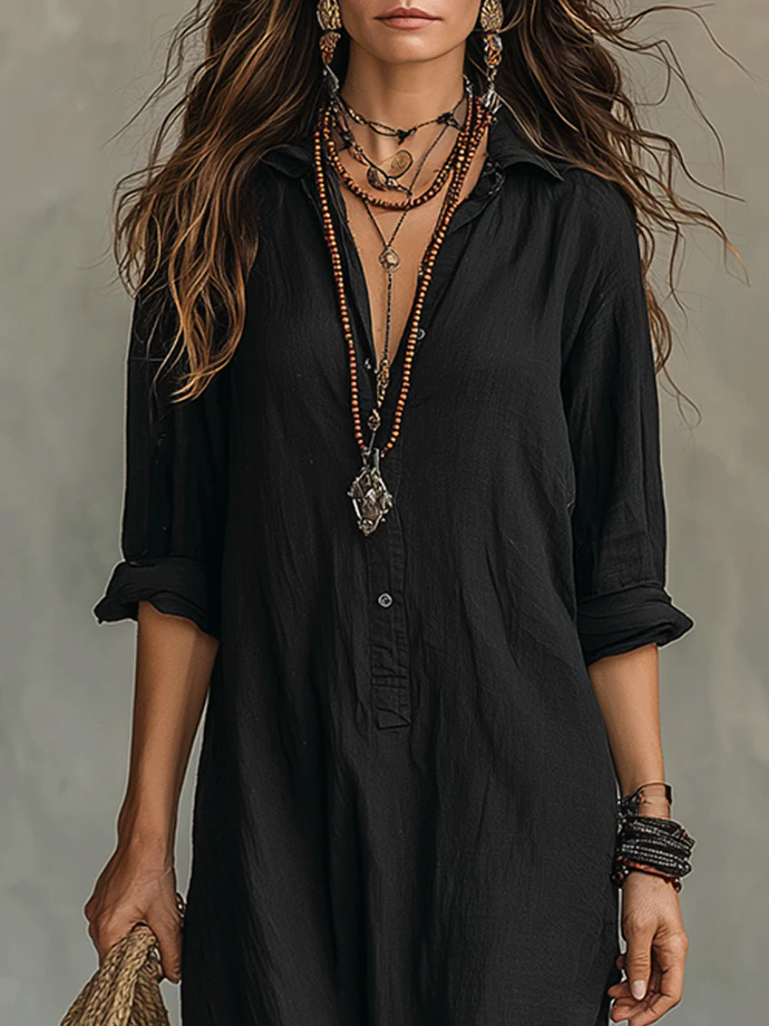 Soline - Loose Black Maxi Dress with Buttons