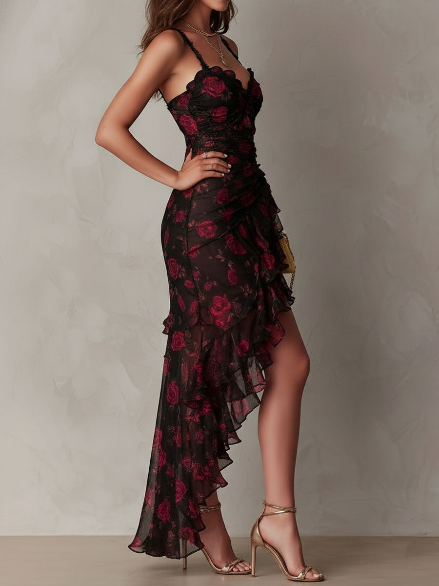 Lowe - Floral Ruched Ruffle Hem Dress