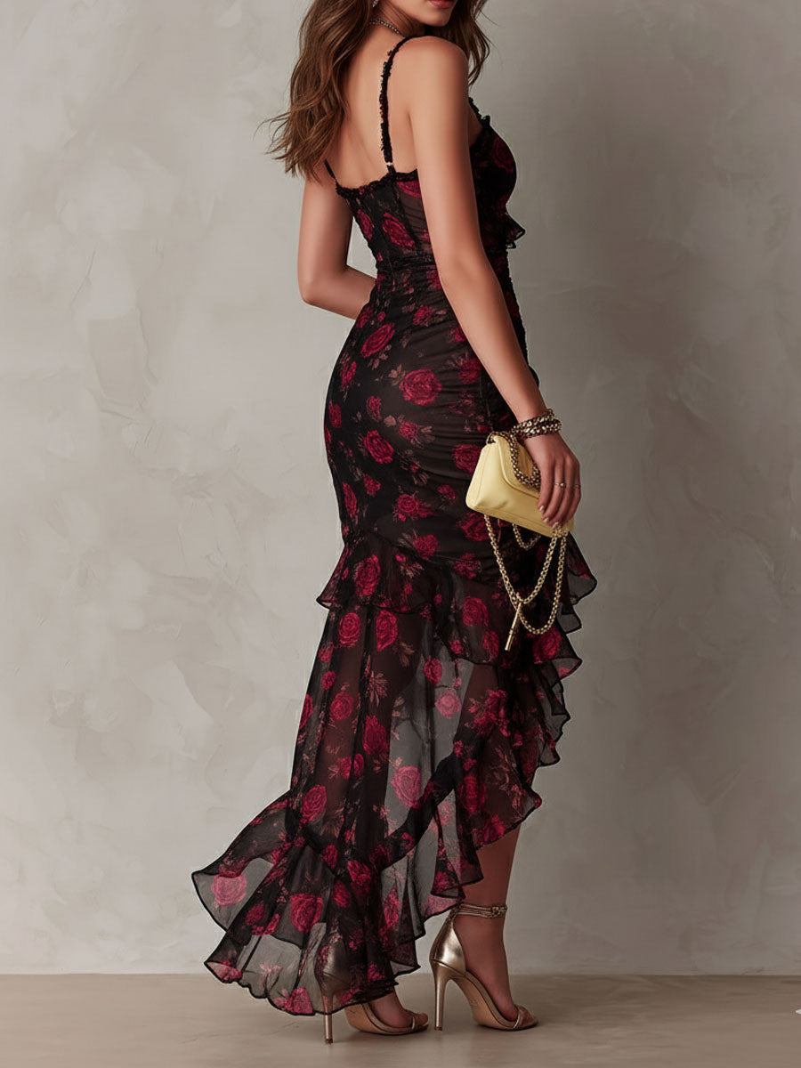 Lowe - Floral Ruched Ruffle Hem Dress