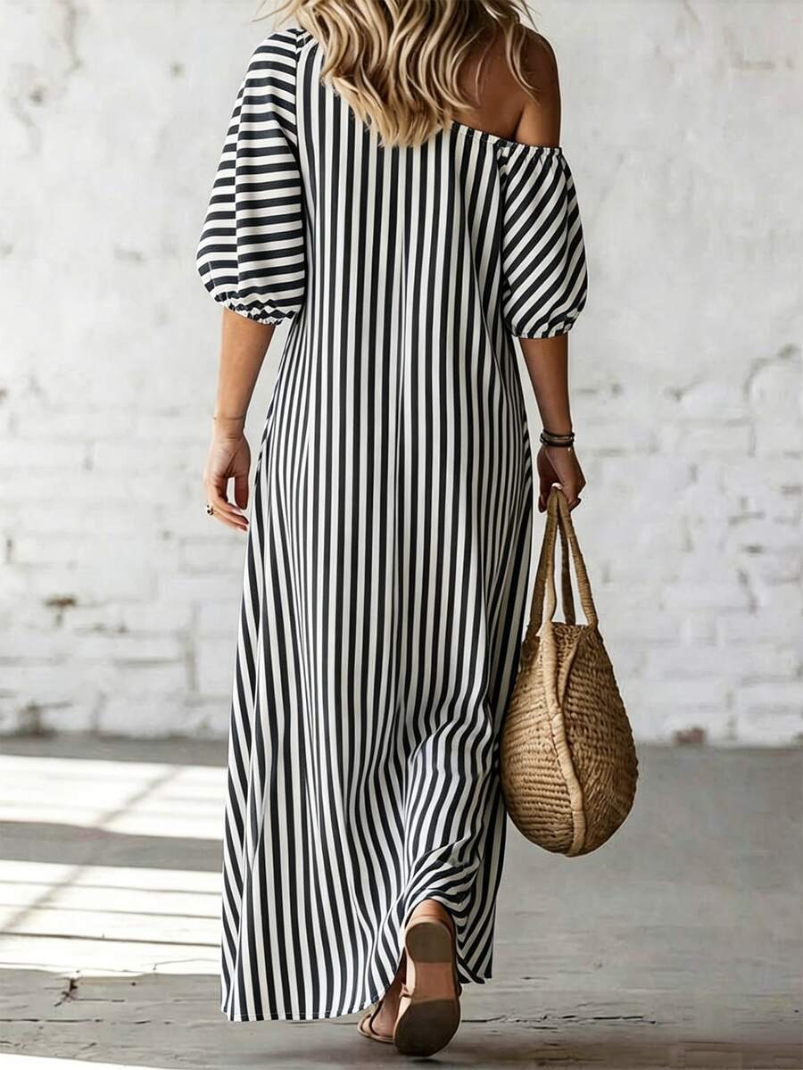 Layla - Striped Off Shoulder Puff Sleeve Maxi Dress