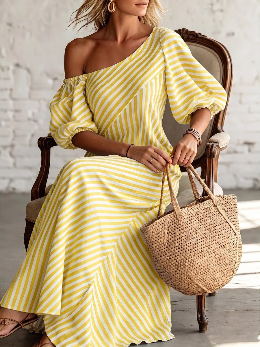 Layla - Striped Off Shoulder Puff Sleeve Maxi Dress