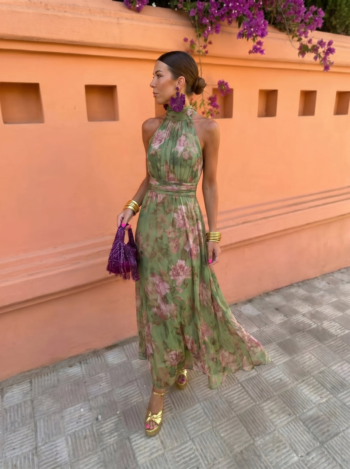 Florencia - Long Floral Dress with Low Neckline
