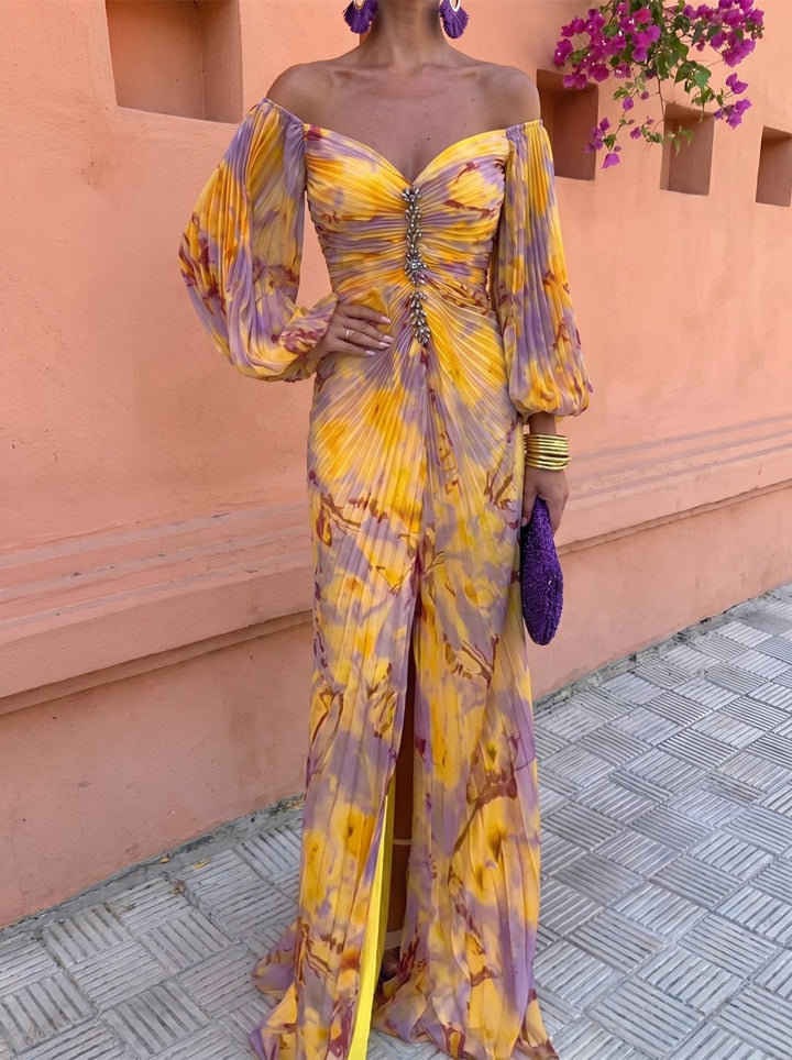 Gregoria - Long Floral Dress with Deep Neckline