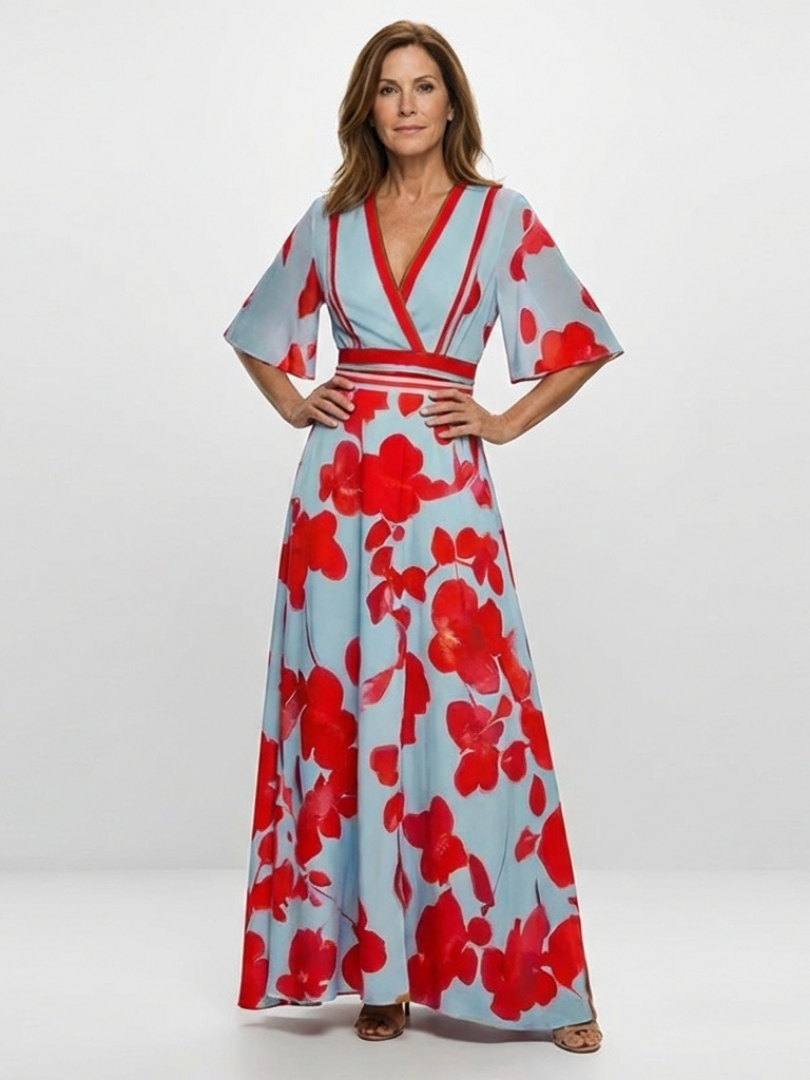 Corinne - V Neck Short Sleeve Floral Maxi Dress