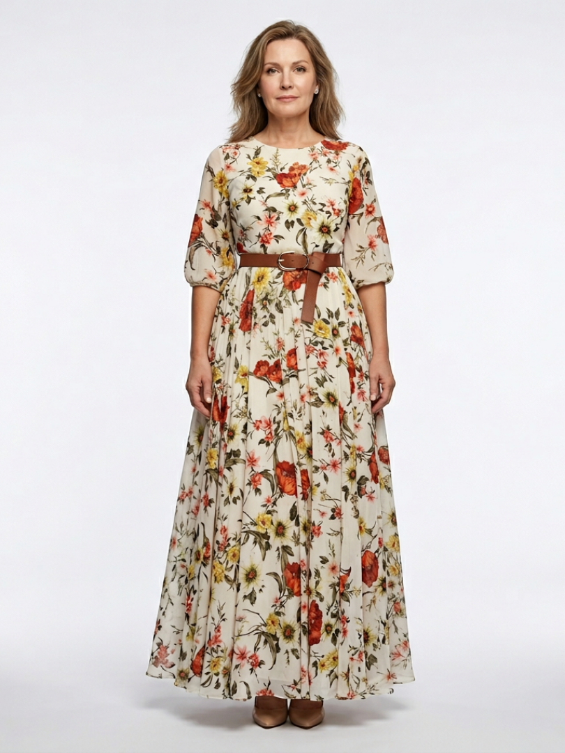 Odelia - Round Neck Three Quarter Sleeve Belted Maxi Dress