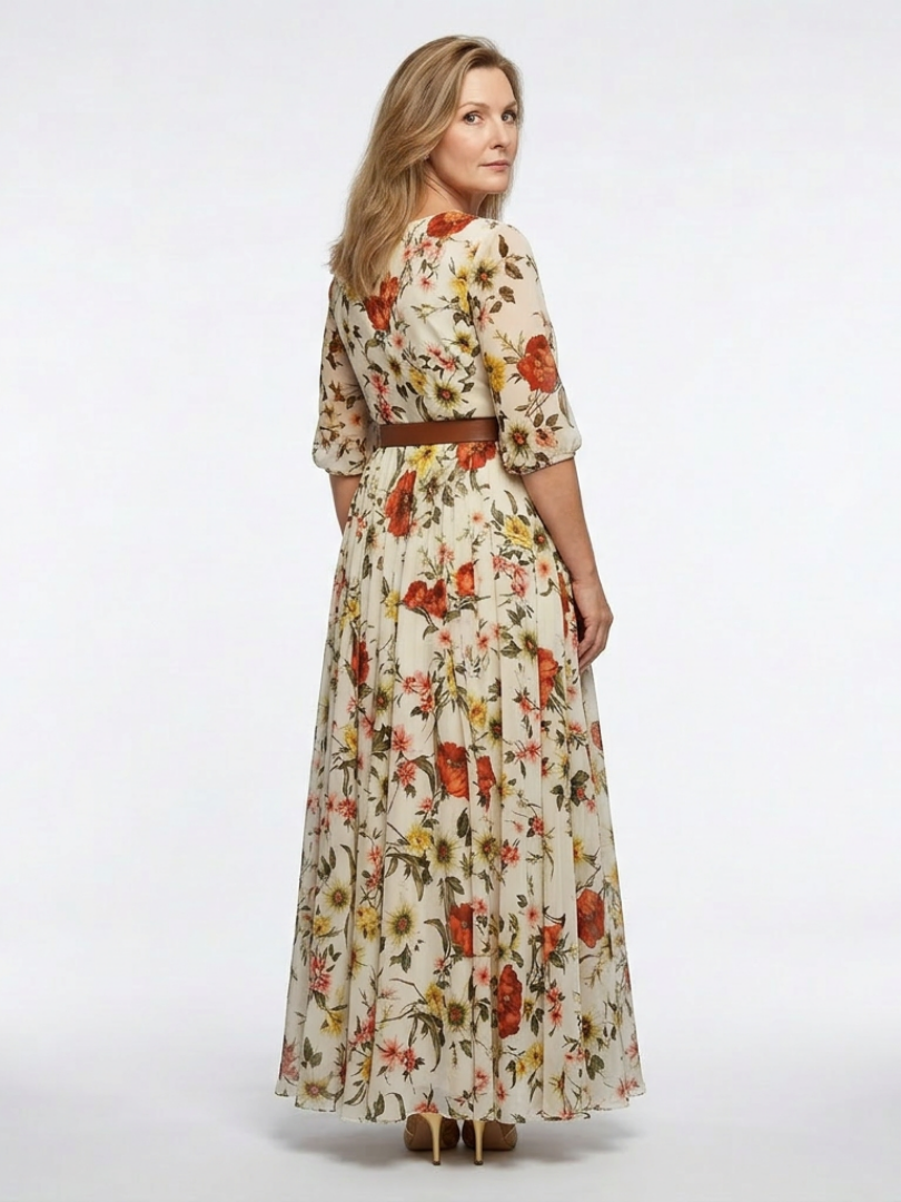 Odelia - Round Neck Three Quarter Sleeve Belted Maxi Dress