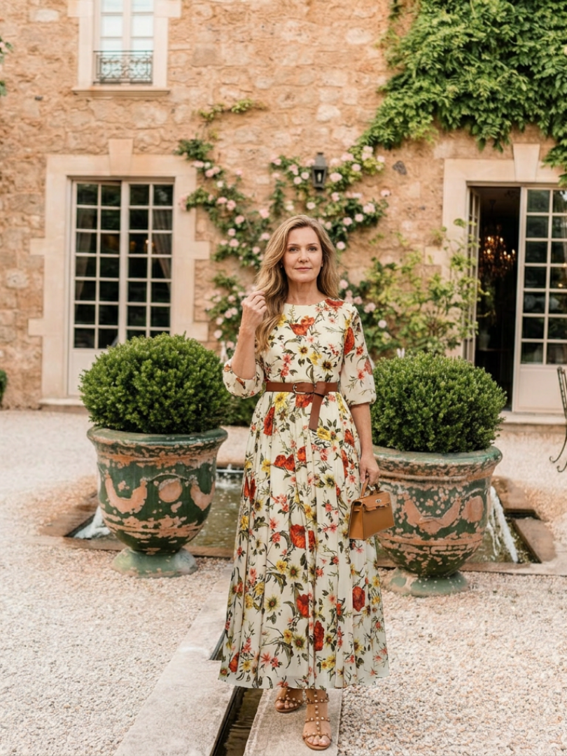 Odelia - Round Neck Three Quarter Sleeve Belted Maxi Dress