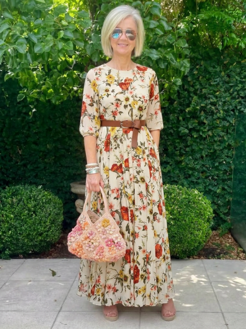 Odelia - Round Neck Three Quarter Sleeve Belted Maxi Dress