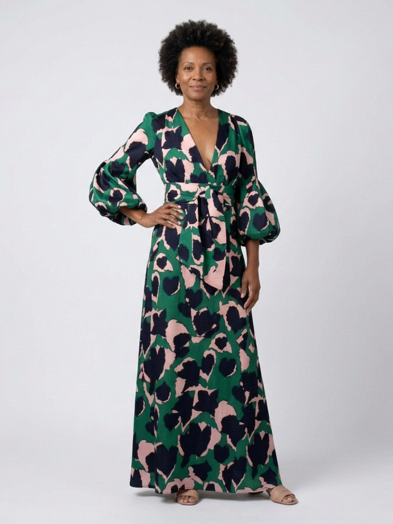 Isolde - V Neck Tie Waist Long Sleeve Maxi Dress