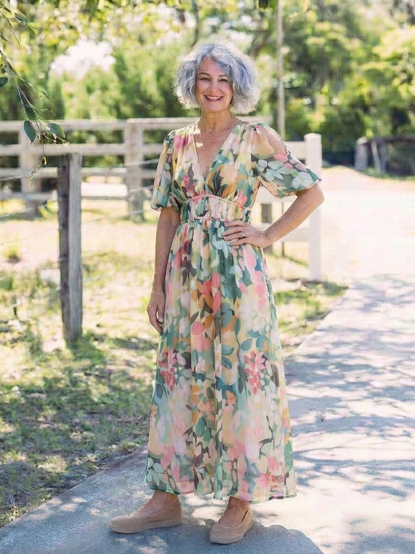 Eulalie - V Neck Short Sleeve Gathered Waist Midi Dress
