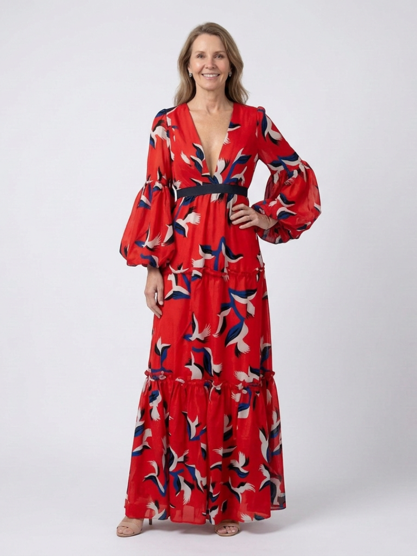 Isolde - V Neck Tie Waist Long Sleeve Maxi Dress