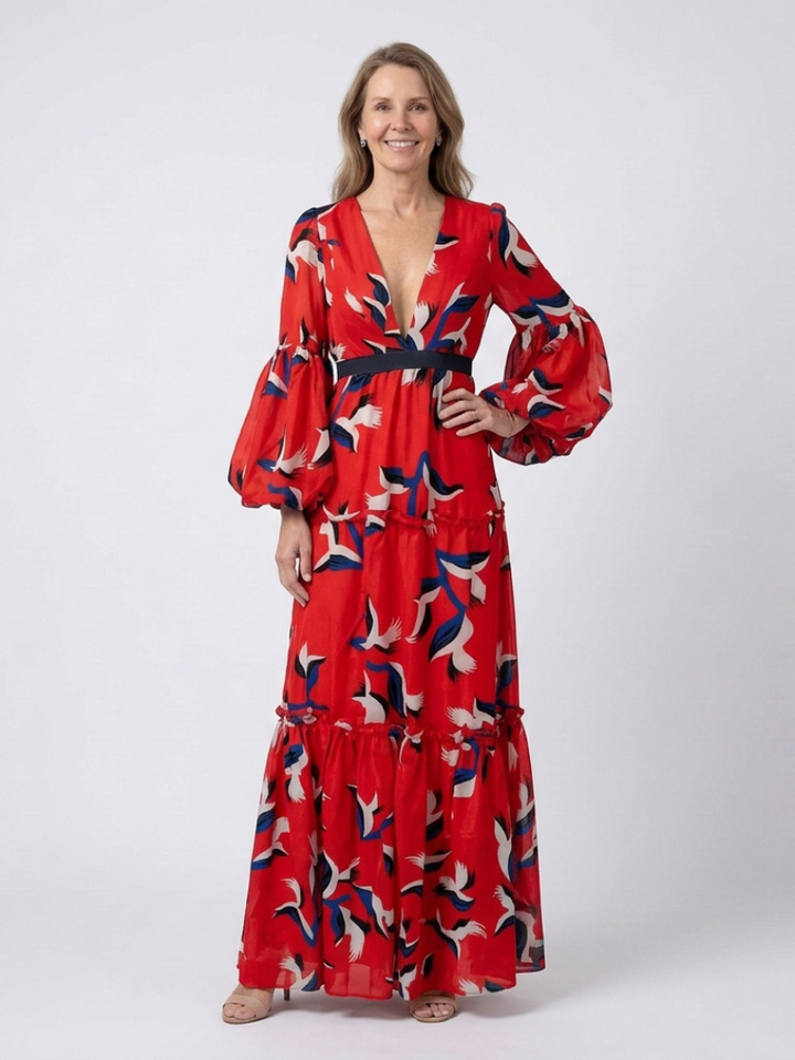 Isolde - V Neck Tie Waist Long Sleeve Maxi Dress